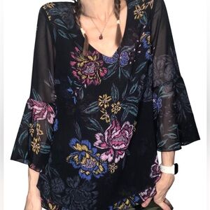 Cabi Blouse Whimsigoth Top Women Sz S Dark Floral Romantic Tunic Sheer Bell